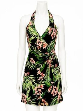 Tommy Bahama Black Halter Dress with Pink Floral & Green Leaves